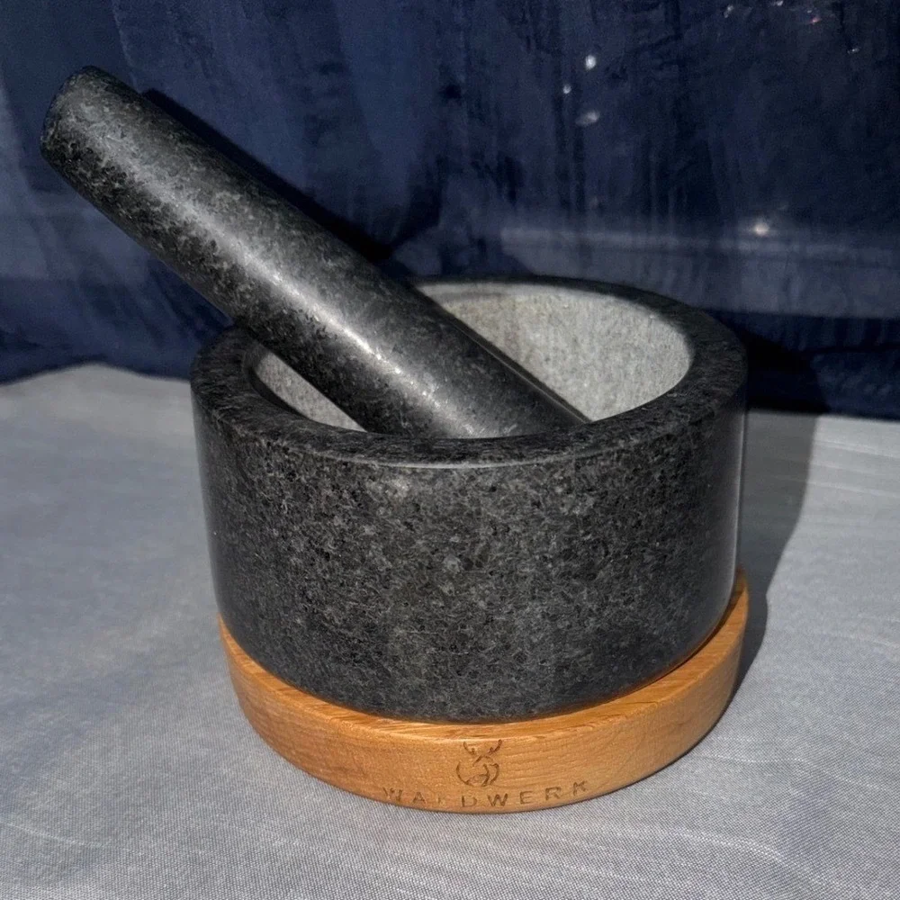 Waldwerk Mortar &‎ Pestle Set Medium, Dark Gray Granite With Wood Base
